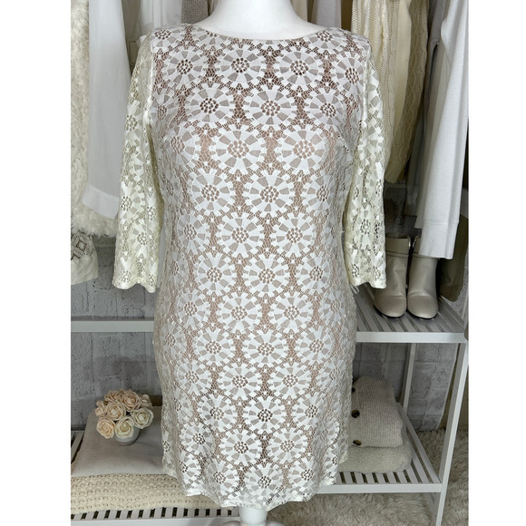 Vince Camuto Womens Size 12 White Lace Nude Lined Sheath Dress #0416 - Picture 1 of 12